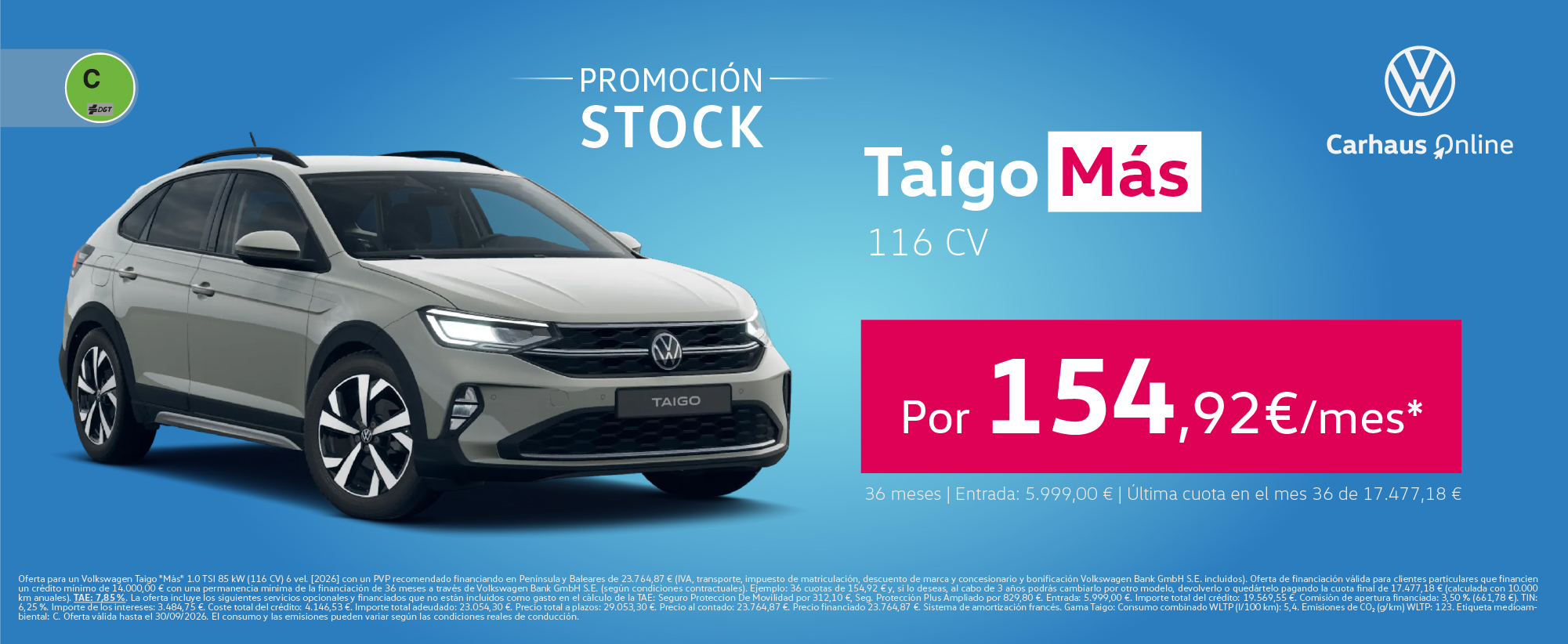 Nuevo Volkswagen Taigo Más 1.0 TSI 116 CV por 154,92€/mes